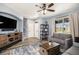 Cozy living room with wood floors, a ceiling fan, and a comfortable gray couch at 2516 Mountain Sky Dr, Castle Rock, CO 80104
