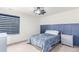 Bedroom features a blue paneled accent wall and light-blocking shades at 16321 Clayton St, Thornton, CO 80602