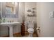 Charming half-bathroom with pedestal sink, decorative shelves, and stylish fixtures at 12161 S Leaning Pine Ct, Parker, CO 80134