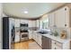 Bright kitchen featuring stainless steel appliances, white cabinetry, and tile backsplash, offering a modern and clean aesthetic at 4267 Ashcroft Ave, Castle Rock, CO 80104
