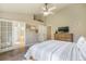 Spacious main bedroom featuring wood floors, ceiling fan, and a walk-in closet that leads to a private bathroom at 15635 Dawson Creek Dr, Monument, CO 80132