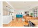 Open-concept living room with breakfast bar, hardwood floors, and modern kitchen at 1590 Little Raven St # 702, Denver, CO 80202