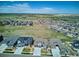 Aerial view showcasing the neighborhood's layout and views of the plains, and distant mountains at 14337 Shasta Daisy Pt, Parker, CO 80134