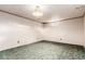 Basement with green carpet, paneled walls, drop ceiling and a vintage light fixture at 1410 S Grant St, Longmont, CO 80501