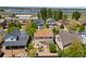 Aerial view shows a neighborhood with mature landscaping and a body of water in the distance at 11370 Iola St, Commerce City, CO 80640