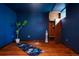 Basement exercise room with dark blue walls and hardwood floors at 4425 King St, Denver, CO 80211