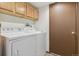Convenient laundry room with appliances and built in cabinet space above at 11035 E Parker Rd, Parker, CO 80138