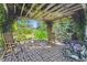 Charming covered patio with brick flooring, cozy seating, and views of the lush garden and tranquil water feature at 3145 Stevens Cir, Erie, CO 80516