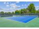 Bright blue tennis court with green perimeter, surrounded by a chain-link fence and trees at 3145 Stevens Cir, Erie, CO 80516