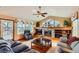Cozy living room featuring a stone fireplace, built-in shelves, and large windows at 2369 Bayberry Ln, Castle Rock, CO 80104