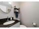 Powder bathroom featuring a sleek vanity with modern fixtures, mirror, and toilet at 1768 E Jamison Ave, Centennial, CO 80122