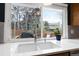 Modern kitchen sink with a view of the backyard, including a deck and greenery at 1768 E Jamison Ave, Centennial, CO 80122