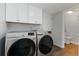 Laundry room featuring modern side-by-side washer and dryer with white cabinets at 1768 E Jamison Ave, Centennial, CO 80122