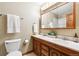 Bathroom featuring wooden vanity with double sinks, and a large mirror at 1101 Spruce St, Louisville, CO 80027