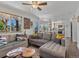Open concept living room with sofas, a ceiling fan, and easy access to the dining area and kitchen at 2006 E 97Th Ave, Thornton, CO 80229