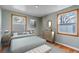 Cozy bedroom with soft blue walls, wood floors, two windows and a comfortable bed at 1108 Roslyn St, Denver, CO 80220