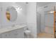 Bright bathroom offers tiled floors, ample lighting, and a shower stall at 1172 S Steele St, Denver, CO 80210