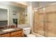 This bathroom features a shower over tub, vanity, toilet and large mirror at 9864 Carmel Ct, Lone Tree, CO 80124