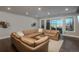 An open-concept living room with neutral walls, recessed lighting, and access to a private deck at 10805 Evergold Way, Highlands Ranch, CO 80126