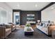 Beautiful living room features a modern design, stylish furniture, and hardwood floors at 5128 Preserve Pl, Firestone, CO 80504