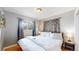 Bedroom with hardwood floors, a full bed, grey walls, two windows and two small side tables at 1852 S Forest St, Denver, CO 80222