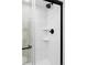 The standing shower with white subway tile, black hardware, glass door and a shelf for bath products at 3100 S Holly Pl, Denver, CO 80222