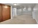 The finished basement features plush carpeting, painted white brick fireplace, and two windows at 1208 S Elizabeth St, Denver, CO 80210