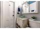 Bathroom featuring a glass vessel sink, modern vanity, decor and a white wooden door at 2358 N Ogden St # B, Denver, CO 80205