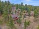 Aerial view of multiple homes nestled among mature trees in a lush, green landscape at 11093 Milliken Ave, Conifer, CO 80433