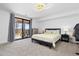 Minimalist bedroom with modern lighting, gray accents, carpet and sliding glass door to patio at 7596 Rafter Rd, Franktown, CO 80116