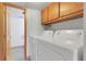 Practical laundry area with modern washer and dryer, with additional storage space at 4381 S Estes St, Littleton, CO 80123