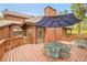Wooden deck featuring metal table and chair set, blue umbrella and wood fencing at 29857 Park Village Dr, Evergreen, CO 80439
