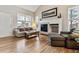 Inviting living room featuring a fireplace, lots of light, and wood flooring at 9471 Crossland Way, Highlands Ranch, CO 80130