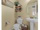 A well-lit powder room features a pedestal sink and decorative shelving for added storage at 19814 Lindenmere Dr, Monument, CO 80132