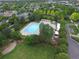 Aerial view of the pool and surrounding homes in a tree filled neighborhood at 2809 Syracuse Ct # 129, Denver, CO 80238