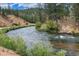 Scenic view of a flowing river amidst lush green vegetation, mountains and trees at 15175 Rainbow Dr, Sedalia, CO 80135