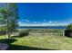 Backyard featuring stunning lake views and a well-maintained lawn at 1353 Mallard Ln, Brighton, CO 80601