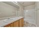 Bathroom showcasing double sinks, ample counter space, and a shower-tub combination at 1353 Mallard Ln, Brighton, CO 80601