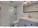 Bathroom featuring modern fixtures, glass shower, and beautiful blue tiling at 777 Washington N St # 802, Denver, CO 80203