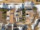 An aerial view of neighborhood homes with a pool and snow-covered roofs, showcasing the privacy of backyards at 9140 E 29Th Ave, Denver, CO 80238