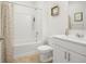 Clean bathroom featuring a shower-tub combination and a white vanity at 562 Twilight Ct, Fort Lupton, CO 80621