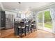 Modern kitchen with a stainless steel refrigerator, granite island, and a view of the outdoor patio at 1200 Butterfield Ln, Castle Rock, CO 80104
