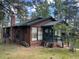 Rustic cabin exterior featuring a covered porch, brick chimney, and lush green surroundings at 4393 Pima Rd, Indian Hills, CO 80454