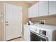 Laundry room with white washer and dryer, upper cabinets, white door and neutral paint at 23951 E Easter Pl, Aurora, CO 80016