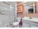 Bathroom features a walk-in shower, updated vanity and mirror at 9916 Spring Hill Ln, Highlands Ranch, CO 80129