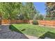 Fenced backyard featuring lush green grass, gravel perimeter, and a mature tree at 2093 S Holland St, Lakewood, CO 80227