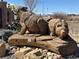 Rustic wooden bear sculpture featuring intricate carving details on a log base, set in a landscaped outdoor area at 7211 Dolores Ave, Frederick, CO 80530