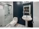 Modern bathroom featuring a stand-up shower, pedestal sink, and toilet, all accented by dark-colored walls at 250 S Dahlia St, Denver, CO 80246