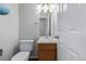 This half bathroom features a modern vanity and white fixtures and bright lighting at 8199 Welby Rd # 501A, Denver, CO 80229