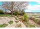 Landscaped backyard features garden area, fence and view of surrounding field at 4695 Bobolink Dr, Castle Rock, CO 80109